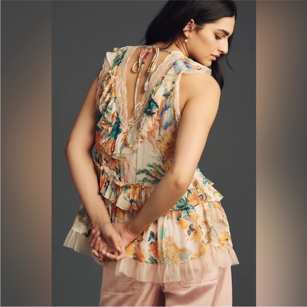 By Anthropologie Sleeveless Trailing Ruffle Blouse S NWT - Picture 4 of 16